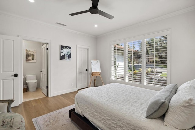 5955 Lake Vista Dr, Bonsall, CA 92003 - bedroom featuring recessed lighting, baseboards, wood finished floors, visible vents, and ornamental molding