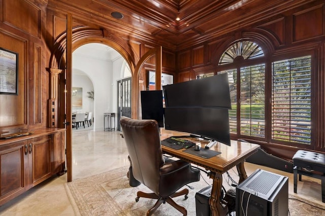 5955 Lake Vista Dr, Bonsall, CA 92003 - home office featuring crown molding, arched walkways, and marble finish floor