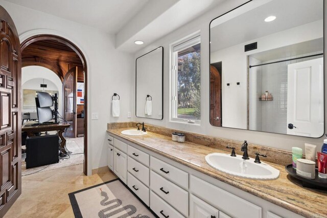 5955 Lake Vista Dr, Bonsall, CA 92003 - full bathroom featuring a sink, recessed lighting, and double vanity