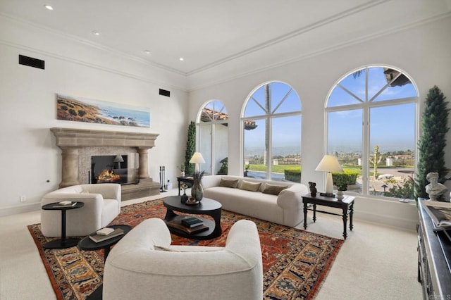 5955 Lake Vista Dr, Bonsall, CA 92003 - living area with baseboards, visible vents, ornamental molding, and carpet