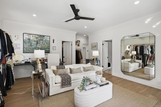 5955 Lake Vista Dr, Bonsall, CA 92003 - living room with crown molding, a ceiling fan, recessed lighting, and wood finished floors