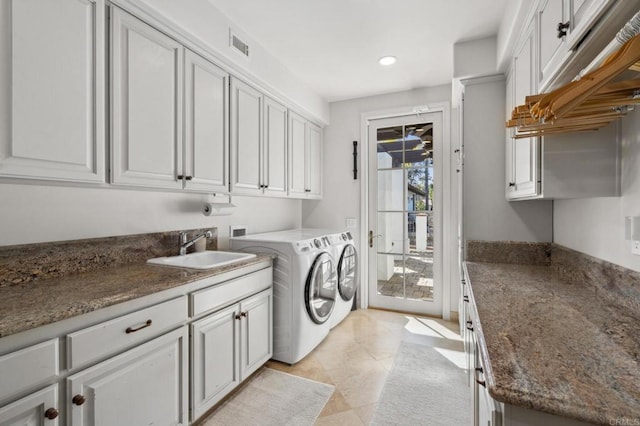 5955 Lake Vista Dr, Bonsall, CA 92003 - laundry area featuring visible vents, cabinet space, a sink, recessed lighting, and washer and dryer