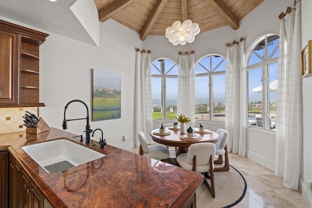 5955 Lake Vista Dr, Bonsall, CA 92003 - interior space with open shelves, wooden ceiling, a sink, and plenty of natural light