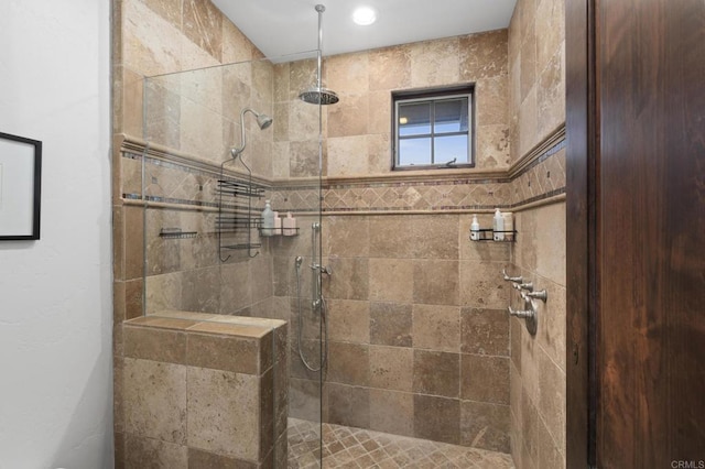 5955 Lake Vista Dr, Bonsall, CA 92003 - bathroom featuring a tile shower and recessed lighting