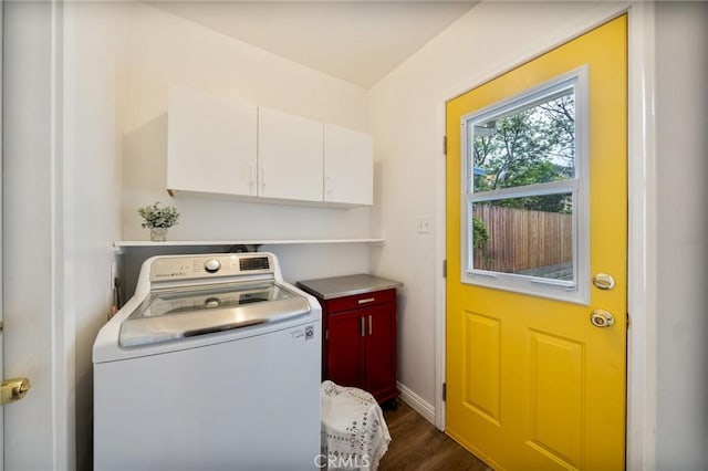 laundry area with washer / dryer, baseboards, dark wood finished floors, and cabinet space