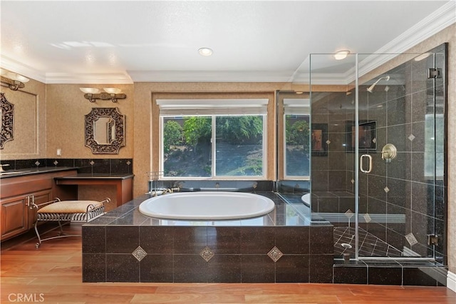 1560 Vandagriff Way, Corona, CA 92883 - full bathroom featuring ornamental molding, vanity, a shower stall, a bath, and wood finished floors