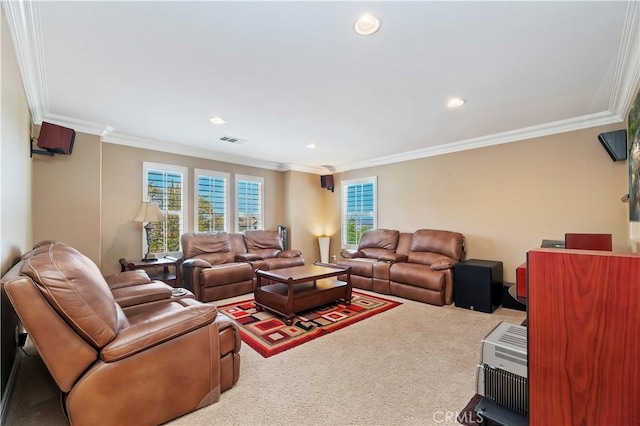 1560 Vandagriff Way, Corona, CA 92883 - carpeted living area with ornamental molding and recessed lighting