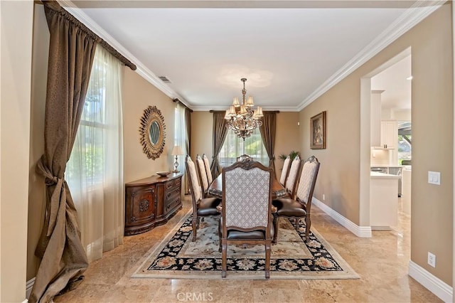 1560 Vandagriff Way, Corona, CA 92883 - dining room featuring a chandelier, ornamental molding, baseboards, and light marble finish flooring