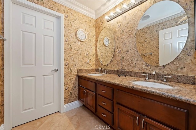 1560 Vandagriff Way, Corona, CA 92883 - bathroom featuring crown molding, double vanity, wallpapered walls, and tile patterned floors