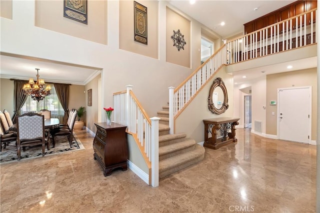 1560 Vandagriff Way, Corona, CA 92883 - foyer entrance featuring a chandelier, stairway, baseboards, a high ceiling, and marble tiled flooring