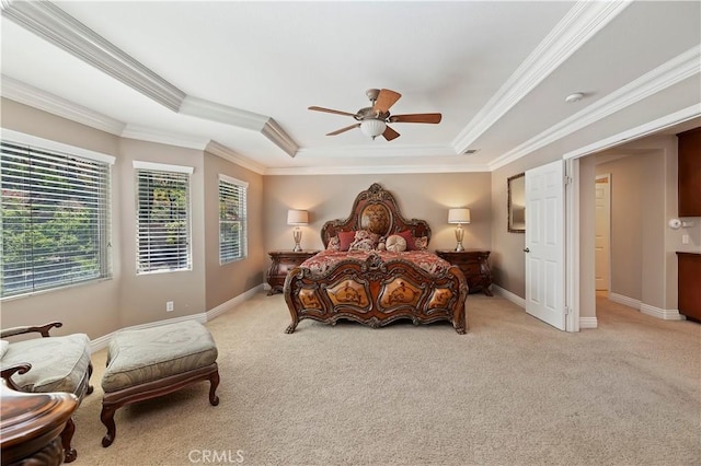 1560 Vandagriff Way, Corona, CA 92883 - bedroom with a tray ceiling, ornamental molding, light colored carpet, and baseboards