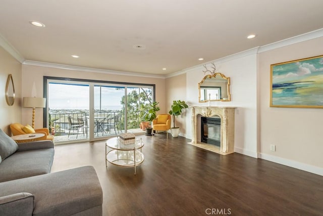102 Scholz Unit 28, Newport Beach, CA 92663 - living area with crown molding, wood finished floors, recessed lighting, a premium fireplace, and baseboards