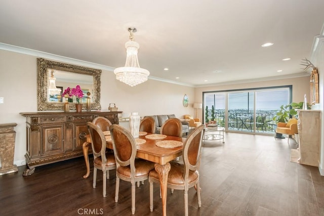 102 Scholz Unit 28, Newport Beach, CA 92663 - dining space featuring dark wood-style flooring, a chandelier, ornamental molding, and recessed lighting