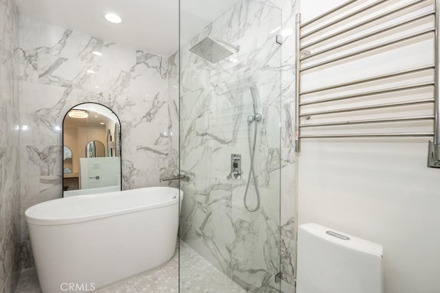 102 Scholz Unit 28, Newport Beach, CA 92663 - full bathroom with a marble finish shower, tile walls, recessed lighting, a freestanding bath, and radiator