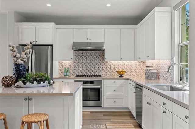 113 Soaring Eagle, Irvine, CA 92618 - kitchen featuring stainless steel appliances, under cabinet range hood, a sink, light wood-type flooring, and white cabinets