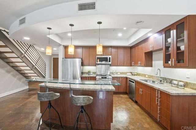 3980 9th Ave Unit 202, San Diego, CA 92103 - kitchen with a sink, finished concrete floors, a raised ceiling, appliances with stainless steel finishes, and visible vents