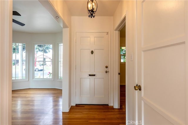 entryway featuring wood finished floors, baseboards, and ceiling fan