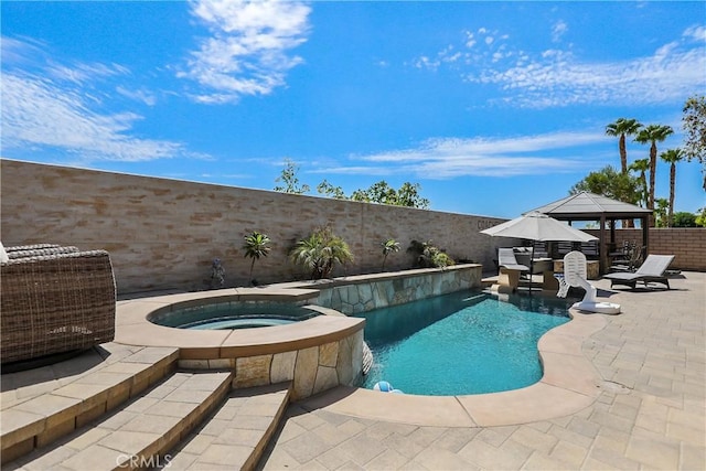 view of swimming pool featuring a gazebo, a fenced backyard, cooling unit, a fenced in pool, and an in ground hot tub