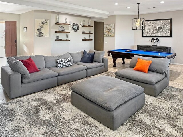 recreation room featuring recessed lighting, visible vents, tile patterned flooring, and billiards