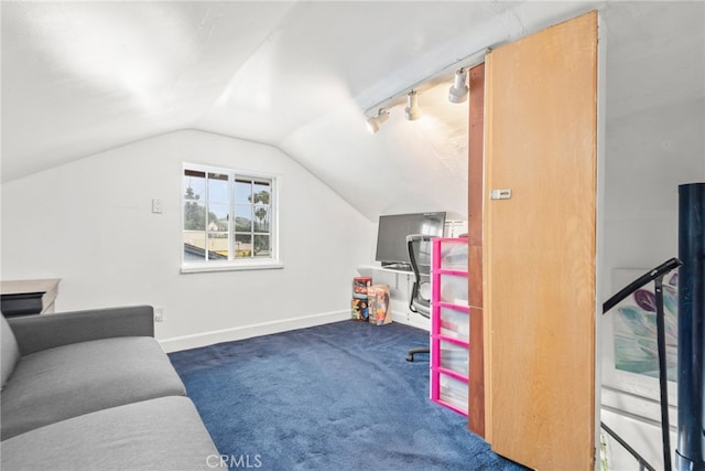 game room featuring carpet floors, baseboards, track lighting, and lofted ceiling