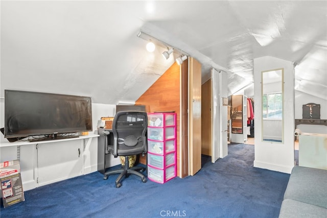 office featuring carpet and lofted ceiling