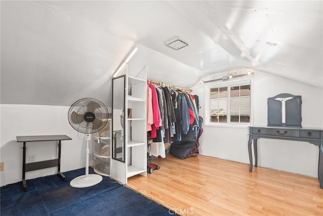 spacious closet featuring wood finished floors and lofted ceiling