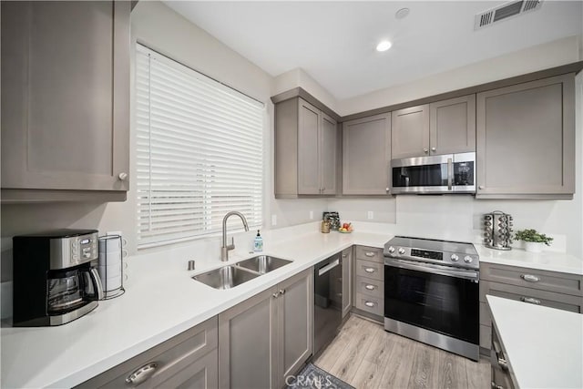 1866 Homestead Pl, San Luis Obispo, CA 93405 - kitchen featuring stainless steel appliances, a sink, gray cabinets, light wood finished floors, and light countertops
