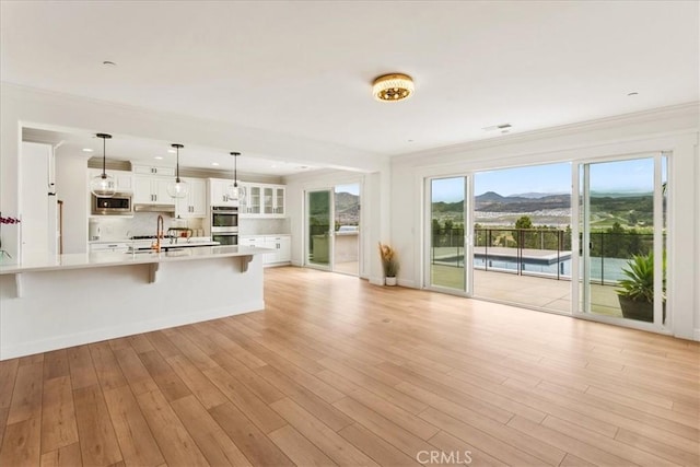 2836 Mesa Grove Rd, Fallbrook, CA 92028 - unfurnished living room with ornamental molding, light wood-style floors, a sink, a mountain view, and baseboards