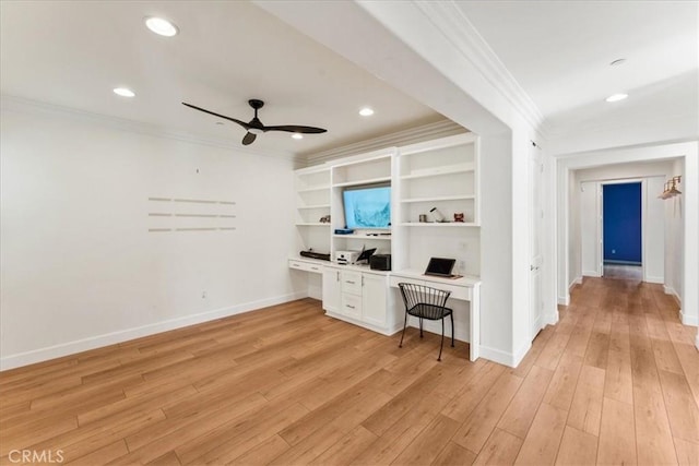 2836 Mesa Grove Rd, Fallbrook, CA 92028 - home office featuring built in study area, ceiling fan, ornamental molding, light wood finished floors, and recessed lighting
