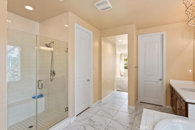 2836 Mesa Grove Rd, Fallbrook, CA 92028 - full bath featuring a shower stall, baseboards, marble look tile flooring, recessed lighting, and vanity