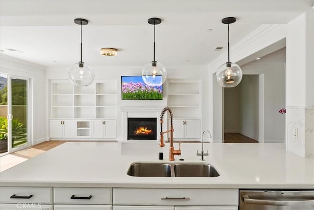 2836 Mesa Grove Rd, Fallbrook, CA 92028 - kitchen with stainless steel dishwasher, a sink, crown molding, light countertops, and a glass covered fireplace