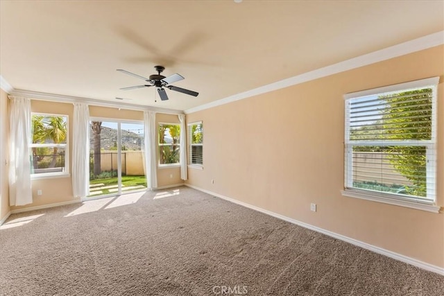 2836 Mesa Grove Rd, Fallbrook, CA 92028 - carpeted empty room with baseboards, a ceiling fan, ornamental molding, and plenty of natural light
