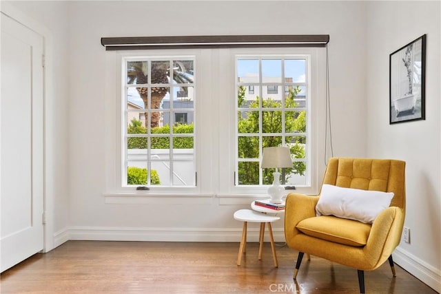 sitting room featuring baseboards, wood finished floors, and a wealth of natural light