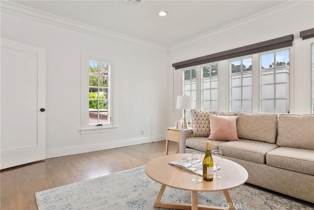 living room with wood finished floors, baseboards, and ornamental molding