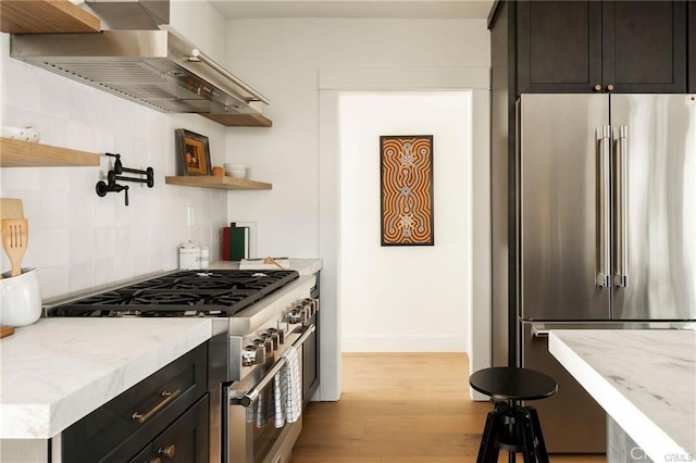 3702 Seneca Ave, Los Angeles, CA 90039 - kitchen featuring wall chimney exhaust hood, light wood finished floors, premium appliances, decorative backsplash, and open shelves