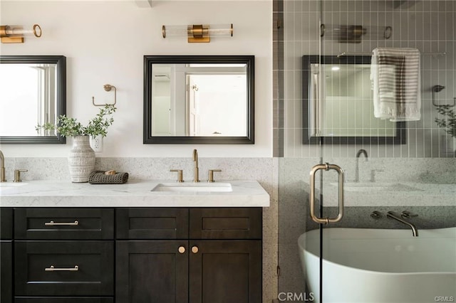 3702 Seneca Ave, Los Angeles, CA 90039 - bathroom with a freestanding tub, a shower with door, a sink, and double vanity
