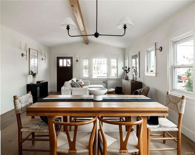 3702 Seneca Ave, Los Angeles, CA 90039 - dining room with wood finished floors, a wealth of natural light, and lofted ceiling with beams