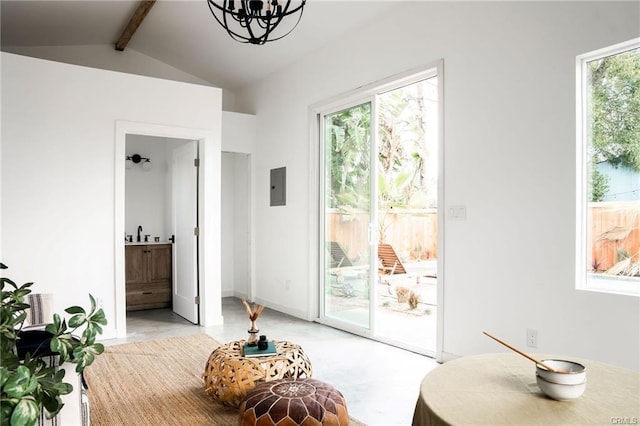 3702 Seneca Ave, Los Angeles, CA 90039 - interior space with multiple windows, electric panel, vaulted ceiling with beams, and access to exterior