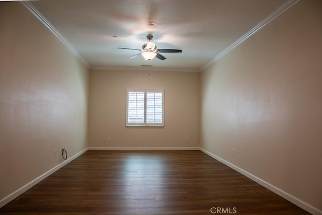 1334 Pinehurst Dr, Calimesa, CA 92320 - empty room featuring baseboards, crown molding, dark wood-style floors, and ceiling fan