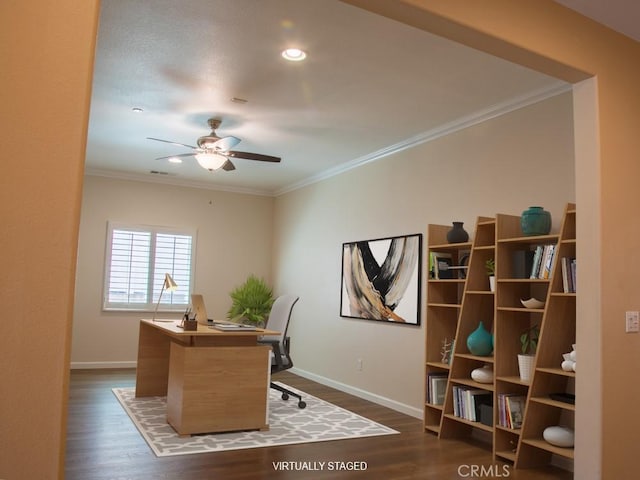 1334 Pinehurst Dr, Calimesa, CA 92320 - office area with baseboards, ornamental molding, ceiling fan, and dark wood-style floors