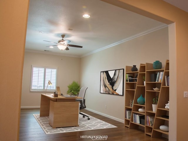 1334 Pinehurst Dr, Calimesa, CA 92320 - home office featuring baseboards, dark wood-style floors, a ceiling fan, crown molding, and recessed lighting