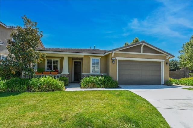 ranch-style home featuring an attached garage, a front lawn, stucco siding, concrete driveway, and covered porch
