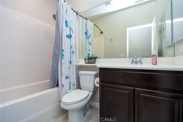 full bath featuring vanity, visible vents, shower / bath combination with curtain, toilet, and tile patterned floors