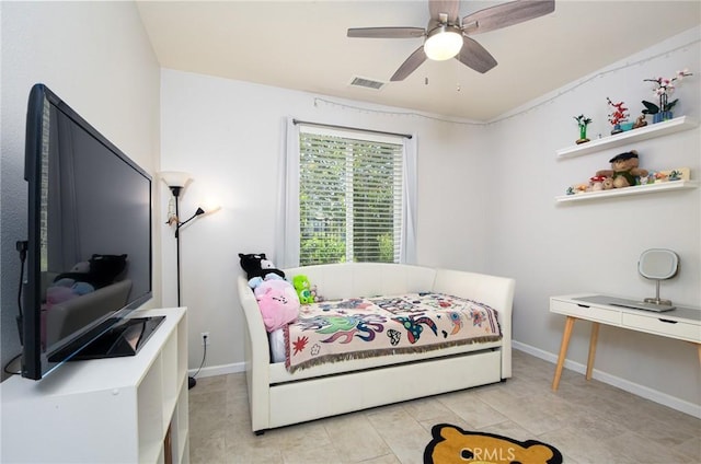 bedroom with visible vents, a ceiling fan, baseboards, and light tile patterned flooring