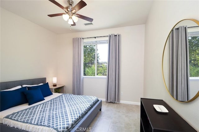 bedroom featuring baseboards, ceiling fan, and visible vents