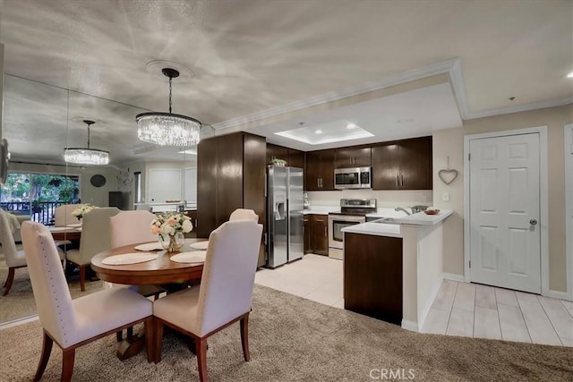 2800 Keller Dr Unit 285, Tustin, CA 92782 - dining room featuring light carpet, ornamental molding, light tile patterned flooring, baseboards, and a notable chandelier