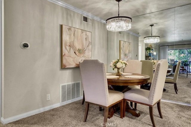 2800 Keller Dr Unit 285, Tustin, CA 92782 - dining space with crown molding, an inviting chandelier, carpet, baseboards, and visible vents