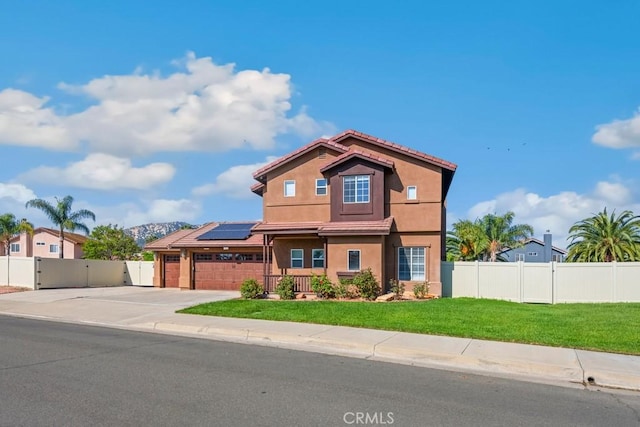 44863 Rein Ct, Temecula, CA 92592 - traditional home featuring solar panels, a gate, a garage, concrete driveway, and a tiled roof