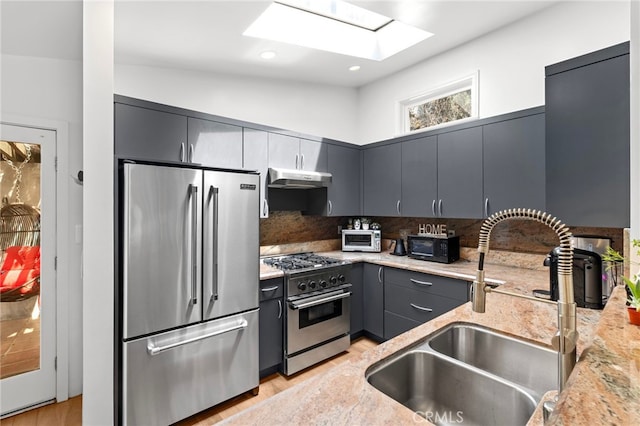 2402 Aspen Dr, Los Angeles, CA 90068 - kitchen with under cabinet range hood, premium appliances, a sink, light wood-type flooring, and a skylight
