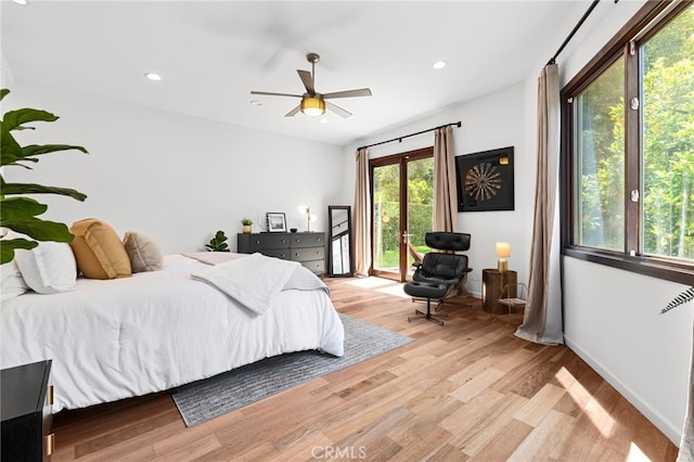 2402 Aspen Dr, Los Angeles, CA 90068 - bedroom with recessed lighting, light wood finished floors, access to exterior, a ceiling fan, and baseboards